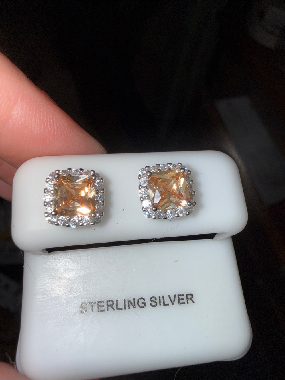 925 Sterling Silver Amber Citrine Earrings halo of Moissanite Diamonds surround